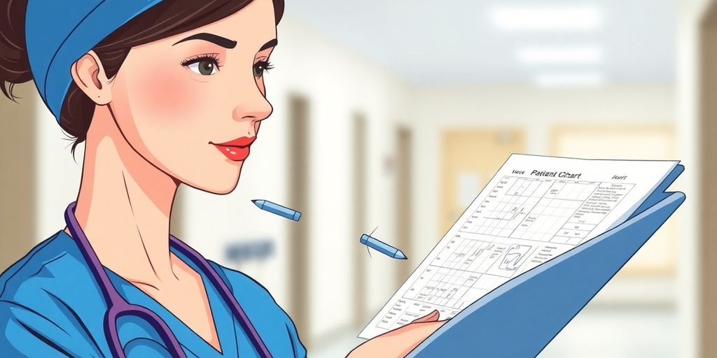 Nurse in scrubs reviews patient chart.