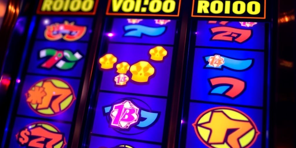 Spinning slot machine reels with glowing bonus symbols.