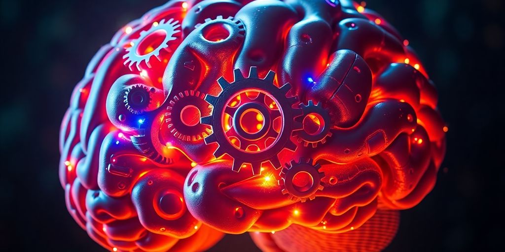 Brain with interconnected gears and colorful light pathways.