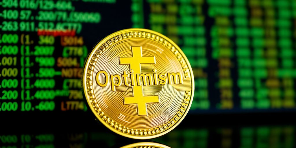 Golden cryptocurrency coin with 'optimism' engraved on it.