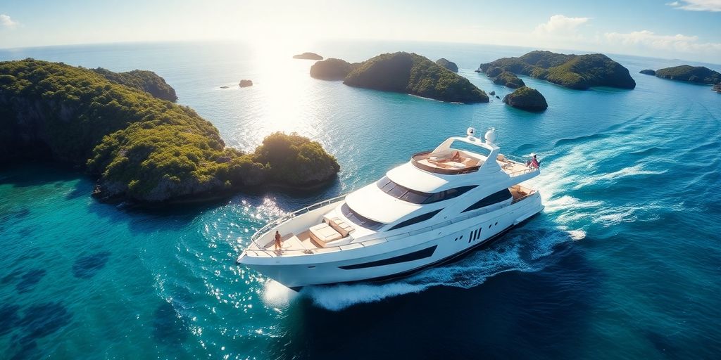 Luxury yacht sailing in clear blue sea near islands.