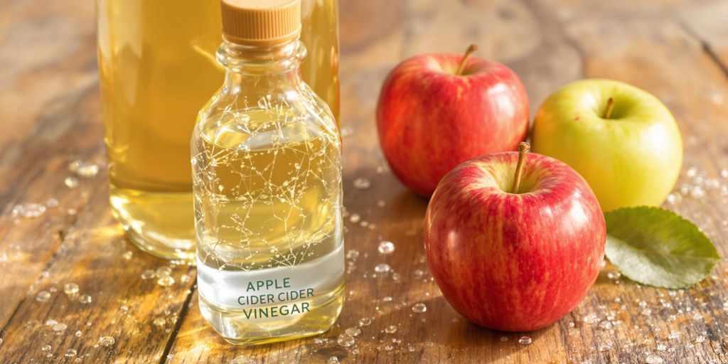 Apple cider vinegar bottle with fresh apples on wooden surface.