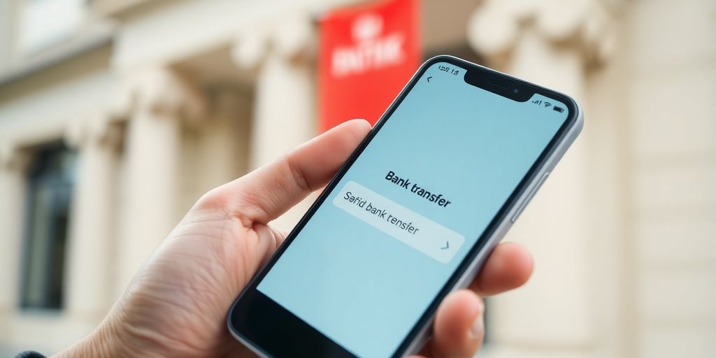 Transfert bancaire sur smartphone avec arrière-plan flou.