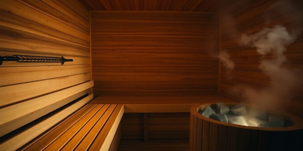 Steaming hot sauna, warm glowing wood.