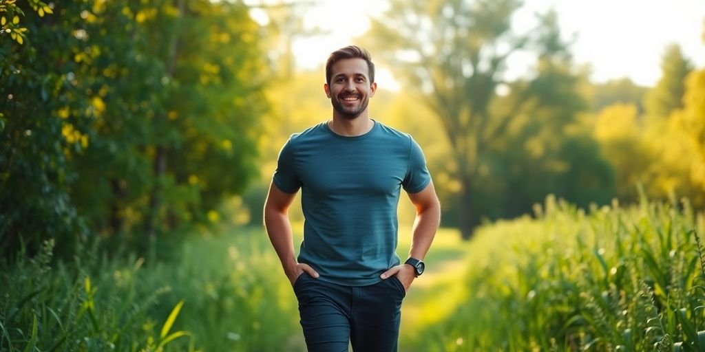 Man walking through nature, confident.