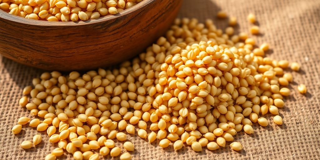 Close-up of millet grains in a wooden bowl.
