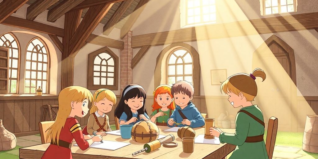 Children crafting Viking-themed items at a historical hall.