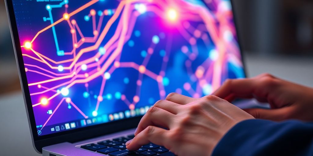 Laptop, data, glowing lines, person working.