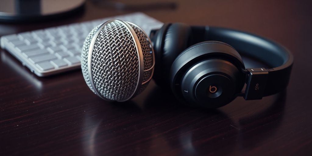 Microphone and headphones on a desk.