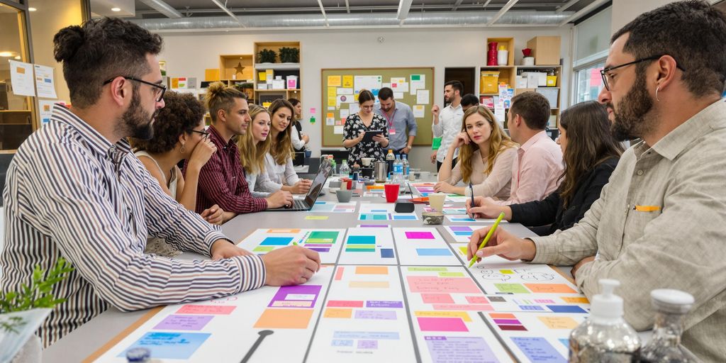 Gruppe mennesker i kreativ brainstorming-sesjon.