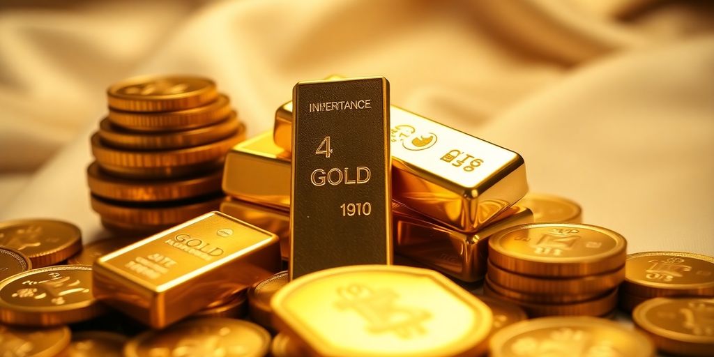 Barres et pièces d'or dans un cadre élégant.