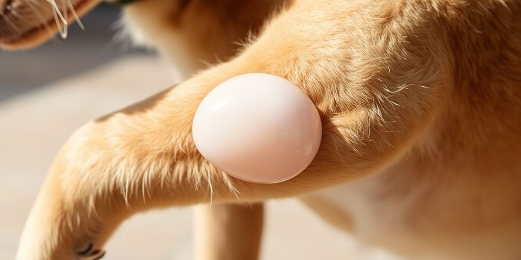 Dog with visible elbow hygroma and fluid-filled sac.