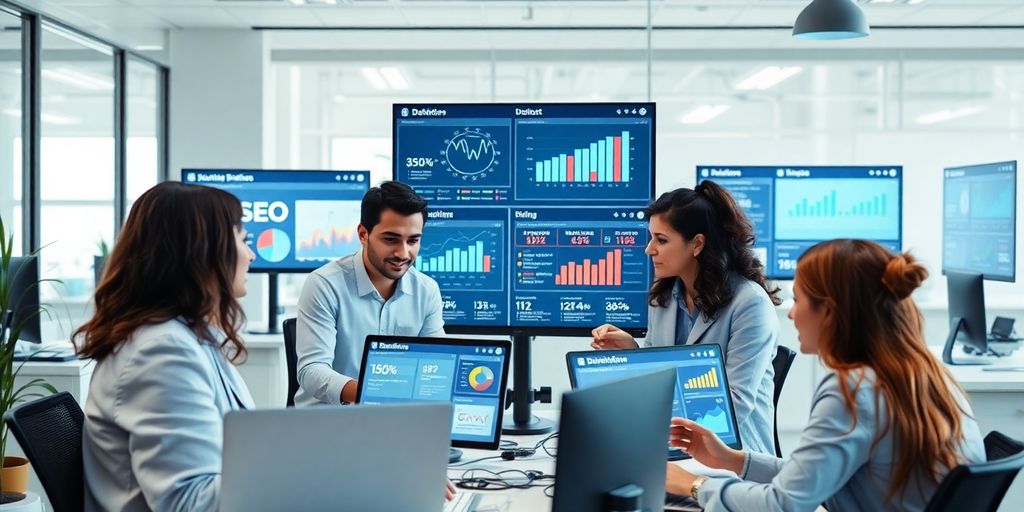 Profissionais de marketing digital em ambiente moderno.