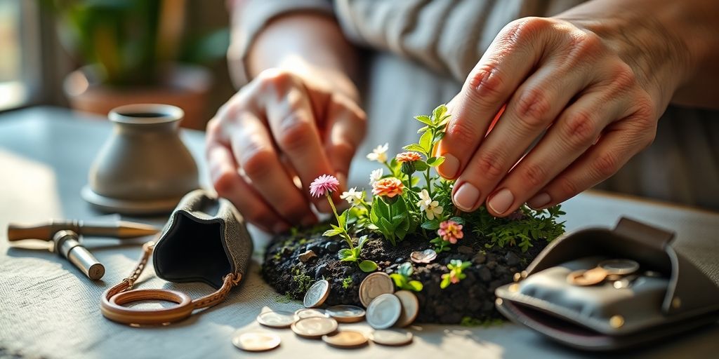 Elderly person enjoying hobby, generating income flow.