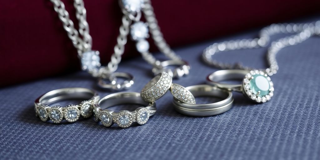 Bijoux en argent brillants sur un fond texturé.