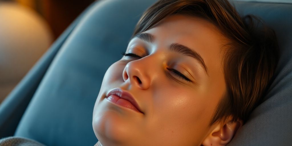 Person in a comfortable chair, eyes closed, calm.