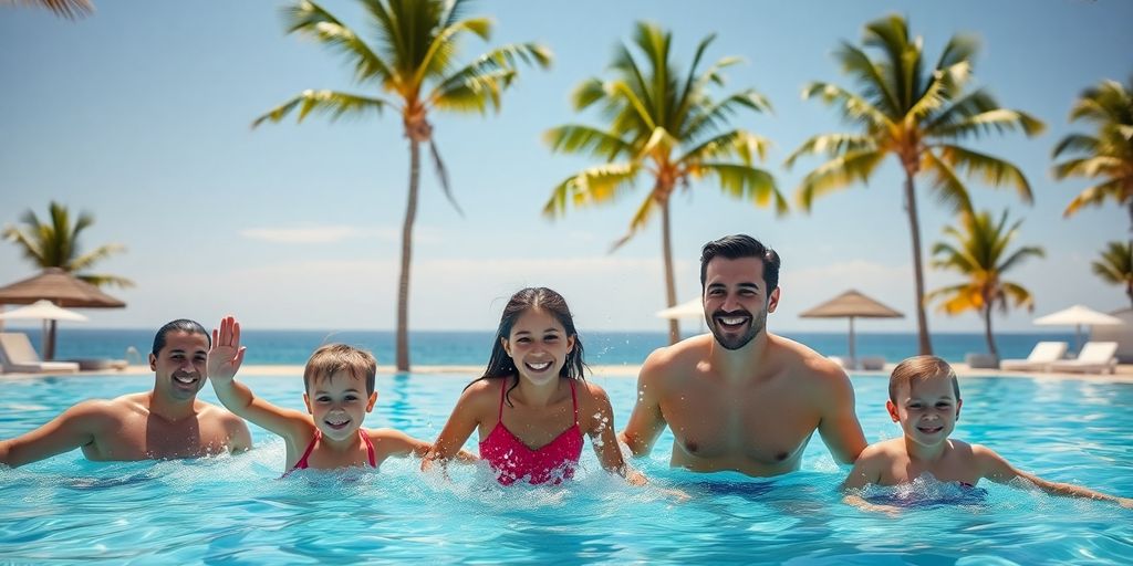 Family playing in resort pool with ocean backdrop.