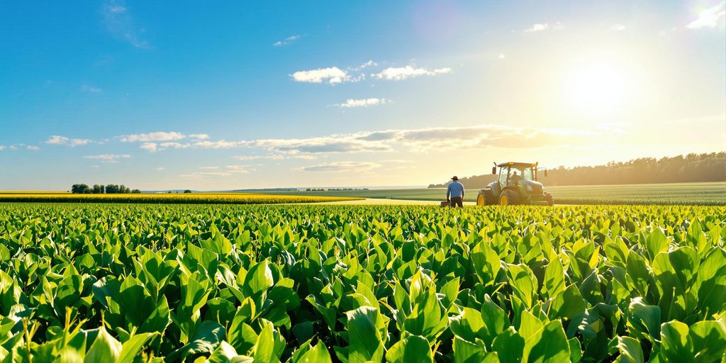 Bonde i grønnsaksfelt med traktor i bakgrunnen.
