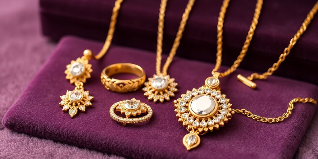 Bijoux en or élégants sur un fond en velours.