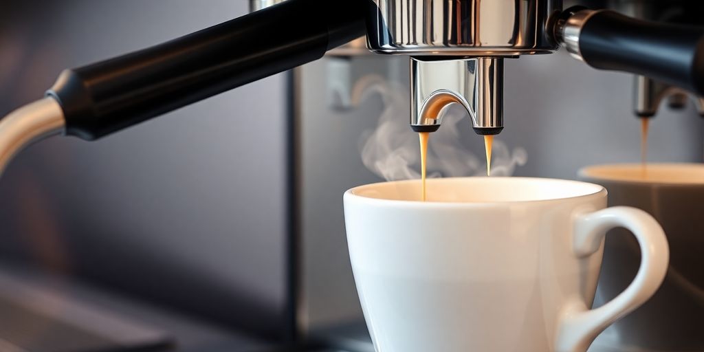 Sleek automatic coffee machine pouring espresso into cup.