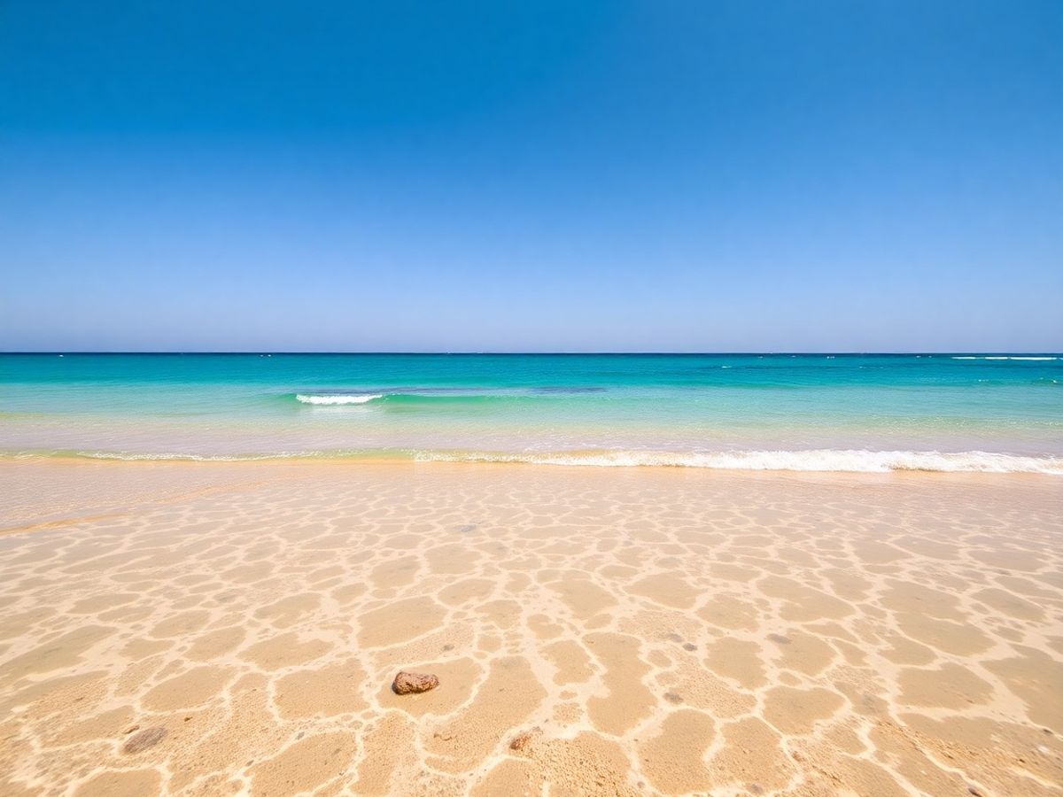 Plage de sable doré rencontrant les eaux turquoise de la mer Méditerranée.