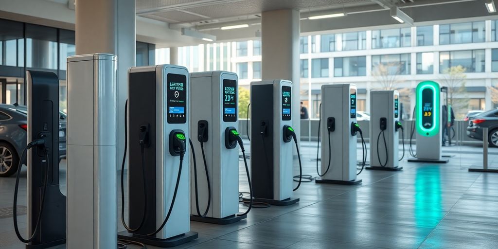 Photograph of modern electric vehicle charging stations.