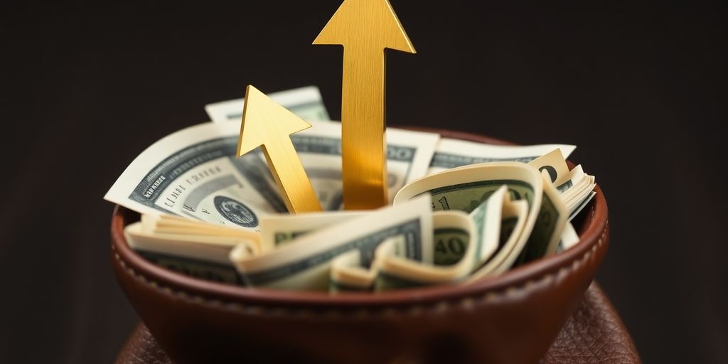 Money bag with upward trending arrow.