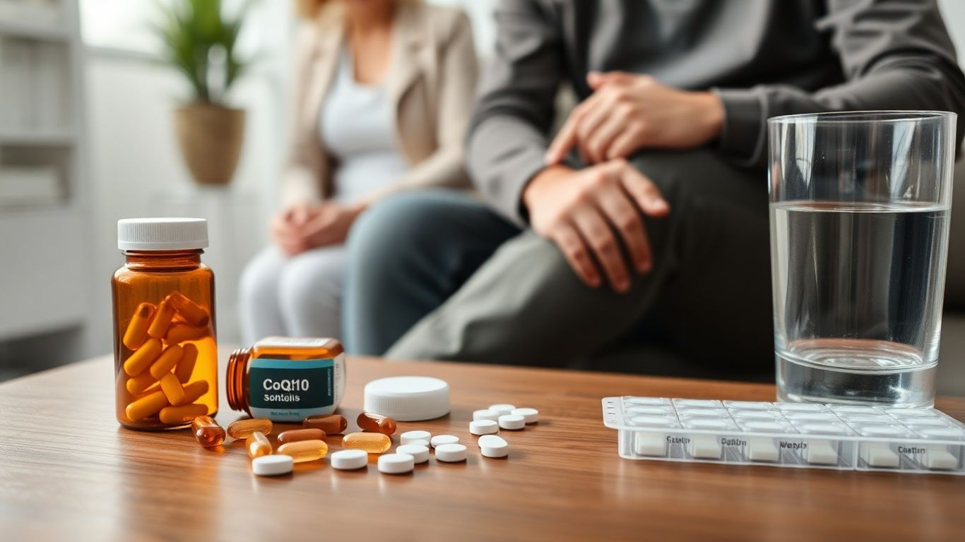 CoQ10 softgels and statin tablets with water, person touching calf
