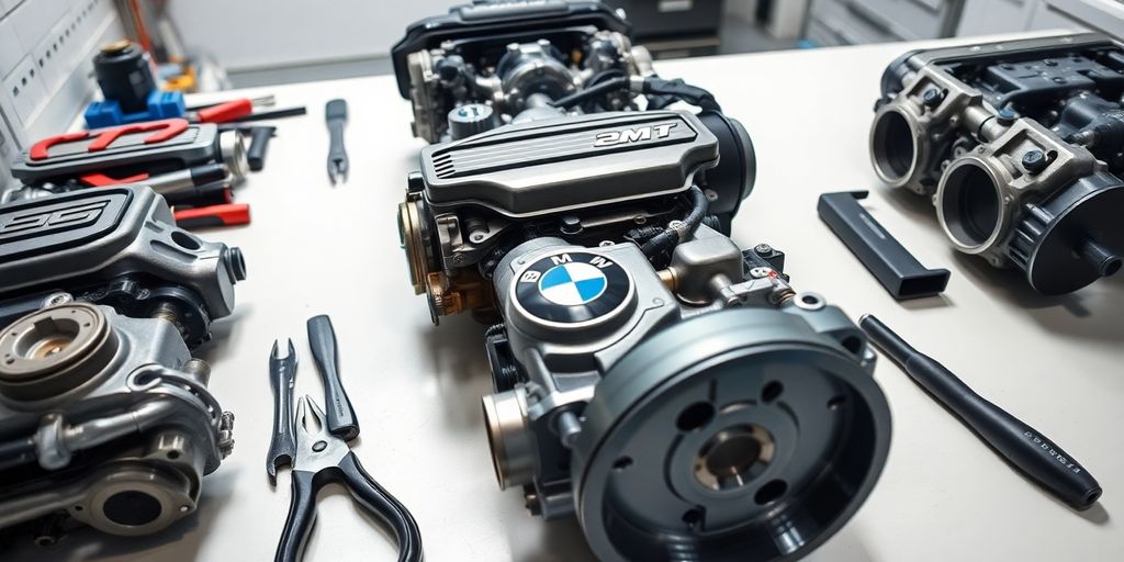 BMW engine parts on a workbench.
