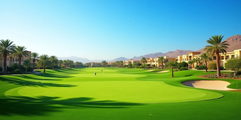 Luxurious golf resort with green fairways and villas.