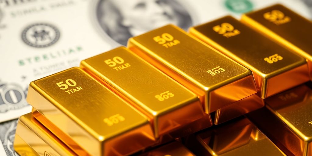 Barres d'or et billets de dollar américain en arrière-plan.