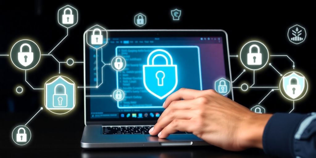 Person backing up data on a laptop with security icons.