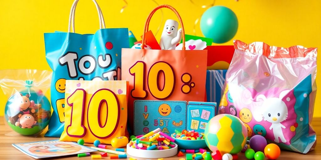 Colourful party bag with toys and educational games for kids.