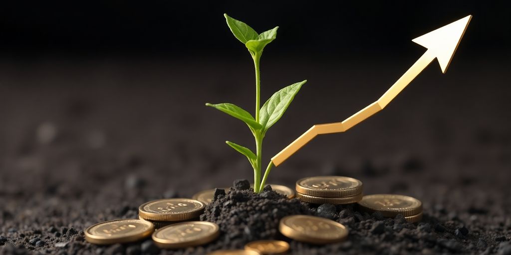 Growing plant with coins and a rising arrow.