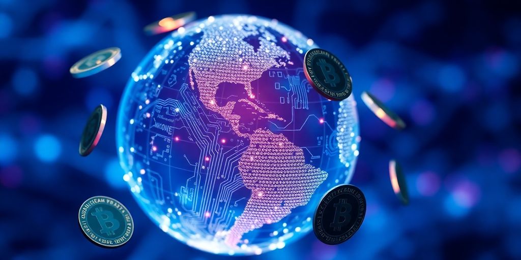 Glowing globe with orbiting crypto coins.