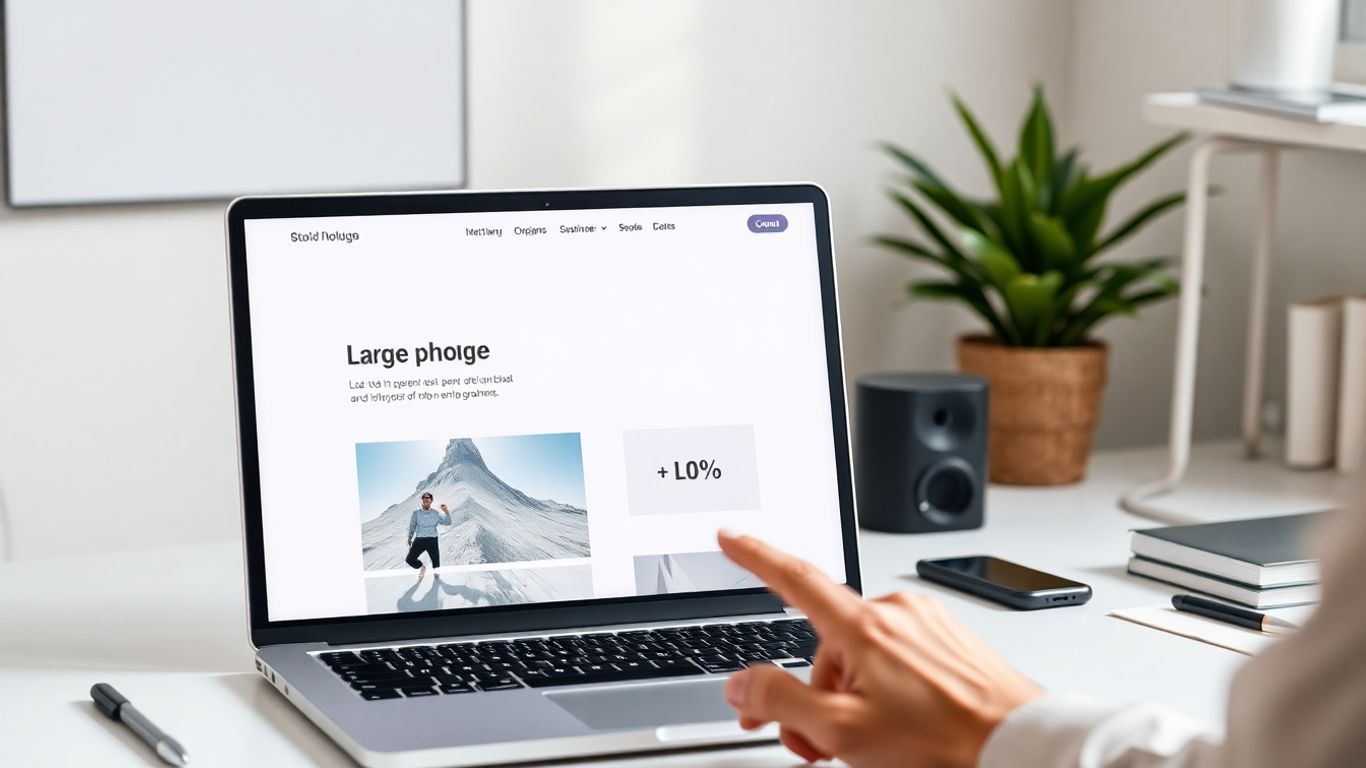 Laptop on modern desk showing clean homepage layout, person pointing.