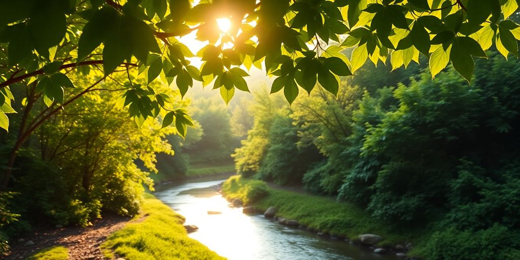 Lush landscape with sunlight filtering through the trees.