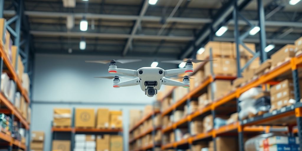 Drones survolant un entrepôt moderne pour la gestion d'inventaire.