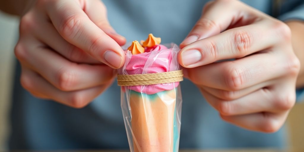 Rubber band secures pastry bag for cake decorating.