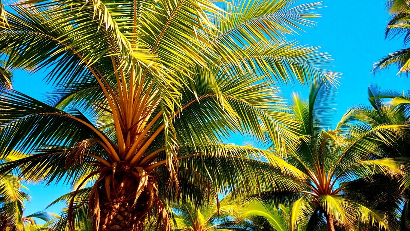 Palm trees reaching towards a vibrant sky.