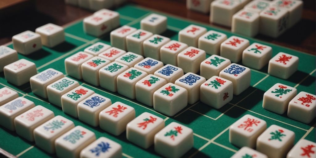 Mahjong tiles set up for strategic gameplay on table.