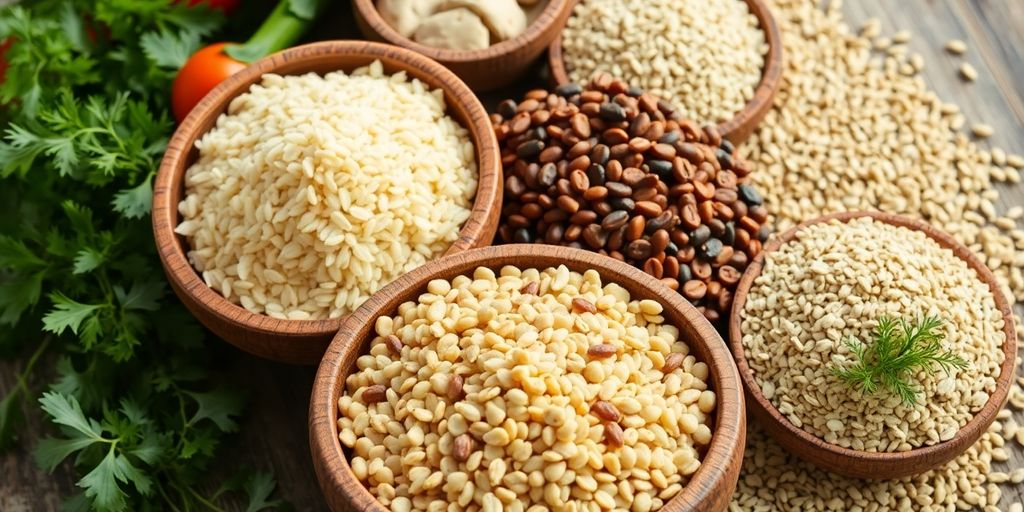 Assorted whole grains in bowls with fresh vegetables around.