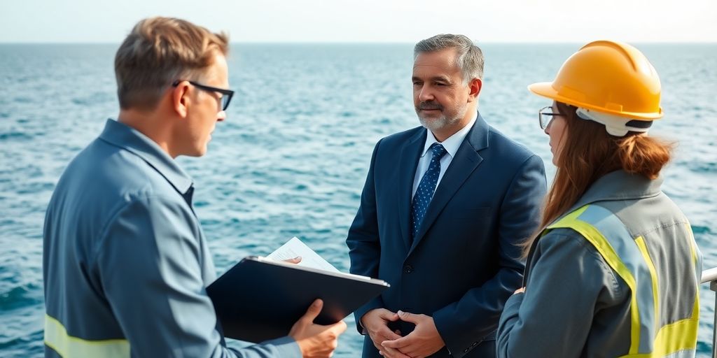 Maritime attorney discussing with offshore workers by the sea.
