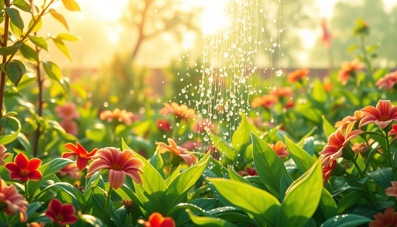 Garden being watered in early morning light