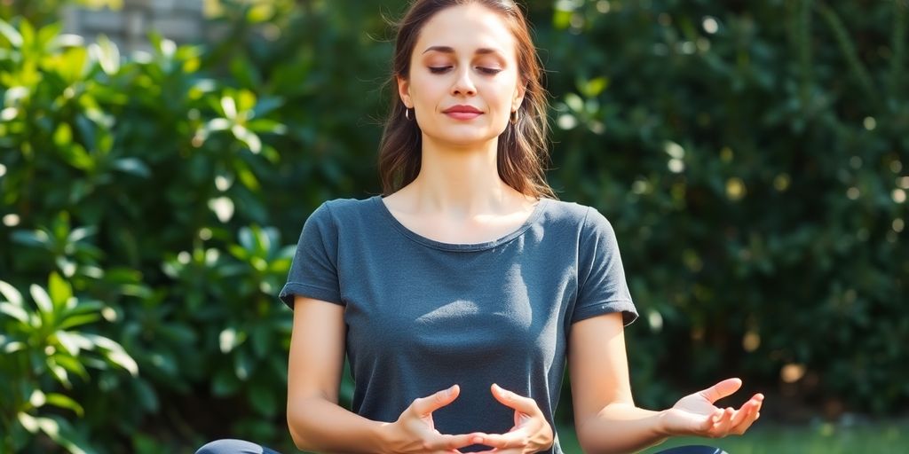 Woman meditating outdoors, serene, natural light, green.