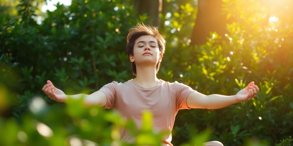 Person meditating peacefully in a serene natural setting.
