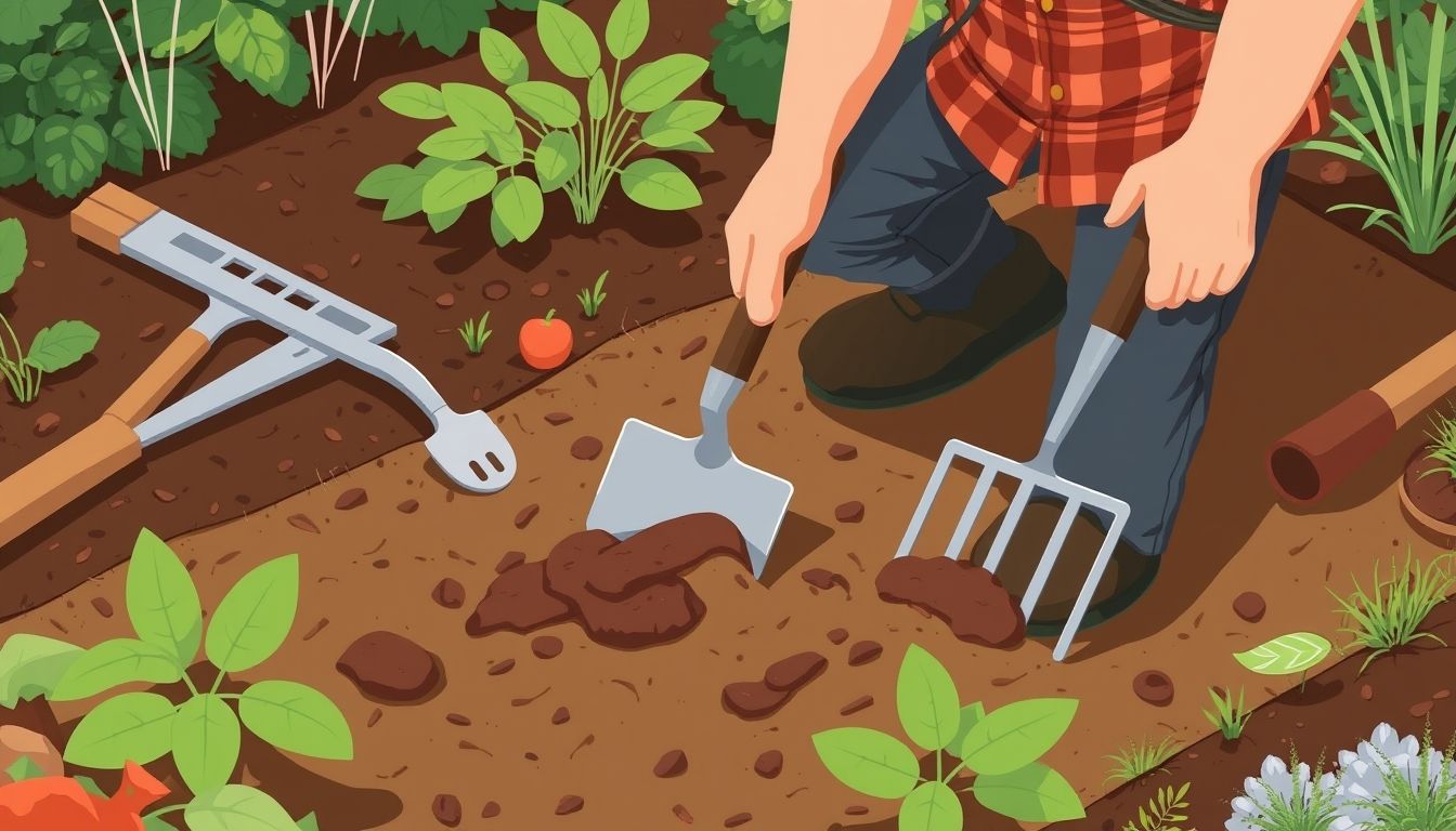 Gardener preparing soil with tools in garden bed.
