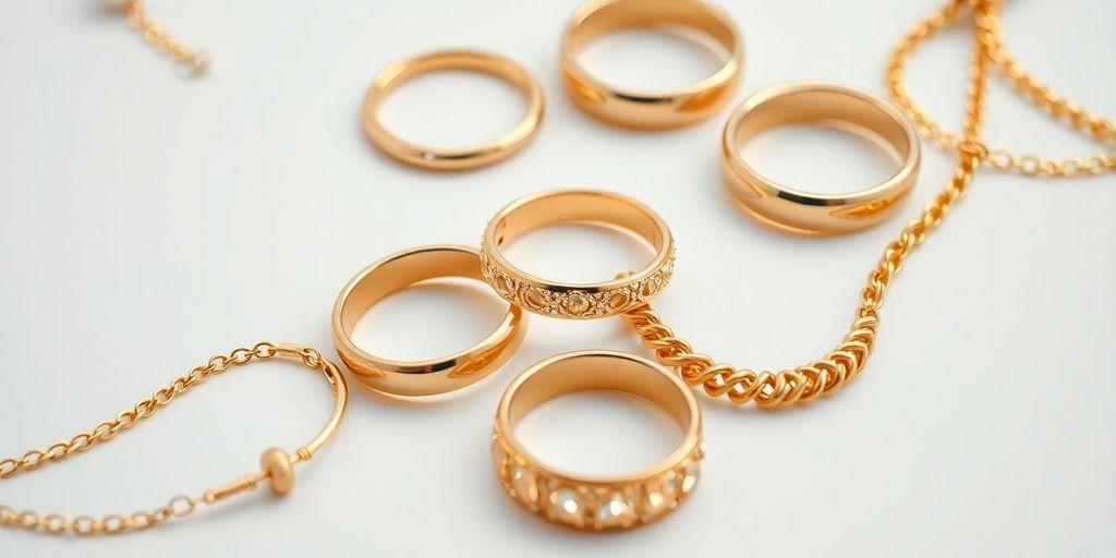 Bijoux en or variés sur fond blanc éclatant.