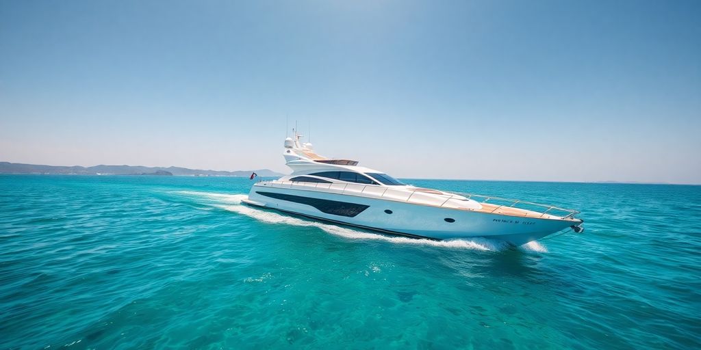 Luxury yacht cruising clear blue waters.
