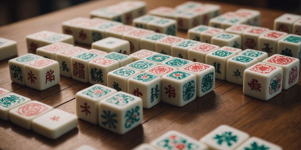 Close-up of Mahjong tiles with Chinese characters and symbols.
